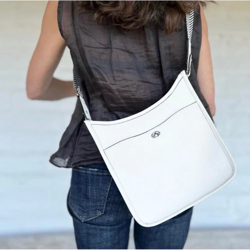 Rae Dunn Crossbody Bag Women Medium White Chevron Guitar Strap Messenger